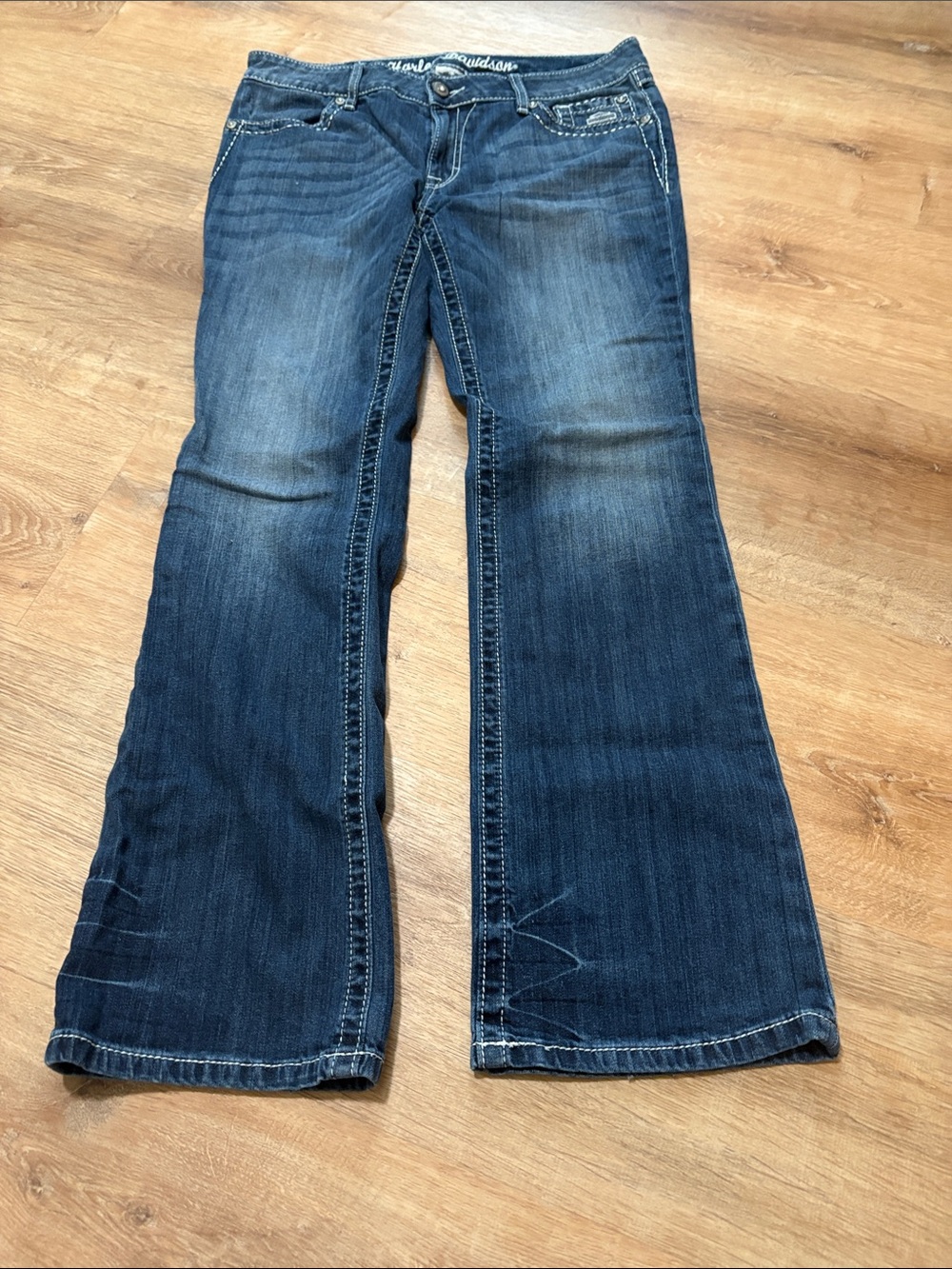 Harley-Davidson Dark Blue Boot Cut Jeans with Embroidered Wing Pocket 12 - Picture 4 of 6